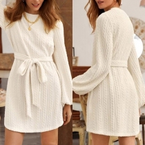Fashion Solid Color Long Sleeve Round Neck Sweater Dress with Waist Strap