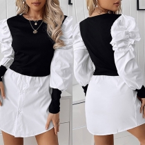 Fashion Contrast Color Puff Sleeve Round Neck Mock Two-piece Dress