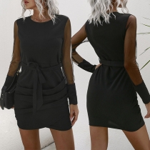 Sexy Gauze Spliced Long Sleeve Round Neck Irregular Hem Tie-belt Dress