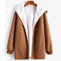 Fashion Solid Color Long Sleeve Hooded Plush Lining Coat