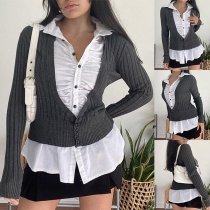Fashion Deep V-neck Long Sleeve Solid Color Short-style Knit Cardigan