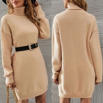 Fashion Solid Color Long Sleeve Turtleneck Knit Sweater Dress
