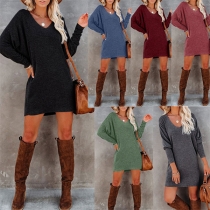 Casual Style Long Sleeve V-neck Solid Color Dress