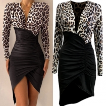 Sexy Deep V-neck Irregular Hem Long Sleeve Leopard Spliced Party Dress