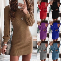 Sexy Backless Long Sleeve Round Neck Solid Color Slim Fit Dress