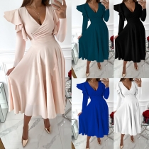 Sexy V-neck Long Sleeve High Waist Solid Color Ruffle Dress