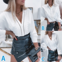 Fashion Lace Spliced Long Sleeve White Shirt Blouse