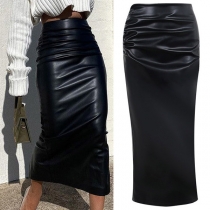 Fashion High Waist Back-slit Hem PU Leather Skirt