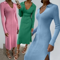 Fashion Solid Color Long Sleeve V-neck Side-slit Hem Slim Fit Dress