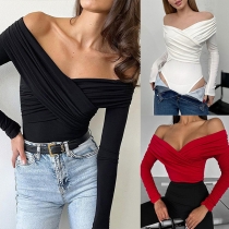 Sexy V-neck Gloves Long Sleeve Solid Color Bodysuit