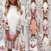 Sweet Style Ruffle Stand Collar 3/4 Sleeve Loose Printed Dress