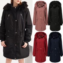 Fashion Faux Fur Spliced Hooded Drawstring Waist Solid Color Padded Coat