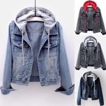 Casual Style Long Sleeve Single-breasted Hooded Denim Coat