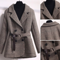 OL Style Long Sleeve Double-breasted Houndstooth Duffle Coat with Waistband