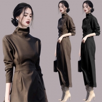 OL Style Long Sleeve Mock Neck High Waist Lace-up Slim Fit Dress
