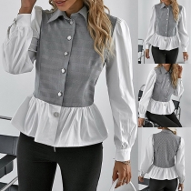 OL Style Long Sleeve POLO Collar Contrast Color Mock Two-piece Shirt