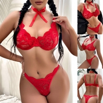Sexy Solid Color See-through Lace Lingerie Set with Bow-knot Choker