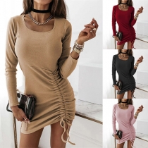 Fashion Solid Color Long Sleeve Round Neck Drawstring Hem Slim Fit Dress