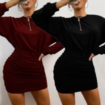 Fashion Solid Color Long Sleeve Round Neck Slim Fit Wrinkled Dress