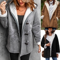 Retro Style Long Sleeve Hooded Faux Suede Horn Button Plush Lining Coat (Size falls big)