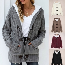 Fashion Solid Color Long Sleeve Hooded Horn Button Plush Lining Sweater Coat