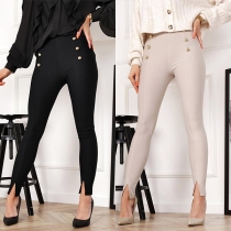 Fashion High Waist Front-button Slit Leg Opening Solid Color Tight Pants