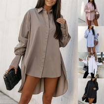 Chic Style Long Sleeve POLO Collar High-low Hem Irregular Shirt