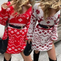 Cute Elk Pattern Long Sleeve V-neck Slit Hem Christmas Sweater Dress