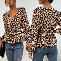 Fashion Hollow Out Long Sleeve V-neck Leopard Printed Top