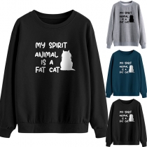 Casual Style Cat Letters Printed Long Sleeve Round Neck Sweatshirt