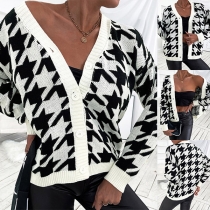 Fashion Long Sleeve V-neck Houndstooth Knit Cardigan