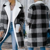 Fashion Long Sleeve Plush Lining Plaid Woolen Coat