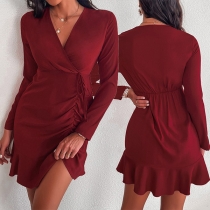 Sexy V-neck Ruffle Hem Long Sleeve Solid Color Slim Fit Dress