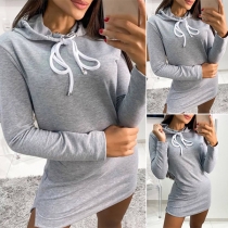Casual Style Long Sleeve Hooded Slit Hem Sweatshirt Dress