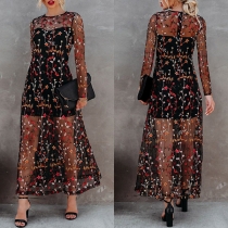 Sexy See-through Gauze Long Sleeve Embroidery Dress + Sling Dress Two-piece Set