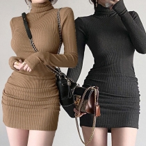Simple Style Long Sleeve Turtleneck Solid Color Slim Fit Knit Dress