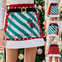 Fashion High Waist Colorful Printed Knit Christmas Skirt