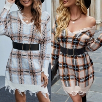 Fashion Long Sleeve V-neck Tassel Spliced Plaid Dress