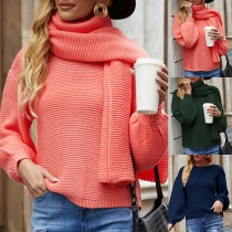 Fashion Solid Color Long Sleeve Round Neck Sweater with Scarf