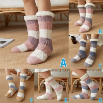 Fashion Contrast Color Stripe Plush Lining Knit Warm Socks