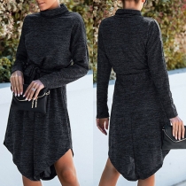 Fashion Long Sleeve Mock Neck Irregular Hem Tie-belt Dress