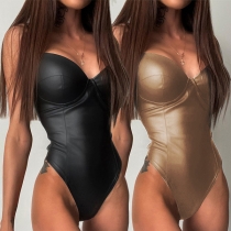 Sexy Backless V-neck Sling PU Leather Bodysuit