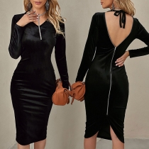 Sexy Backless Back-zipper Long Sleeve V-neck Solid Color Slim Fit Party Dress