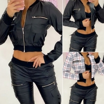 Fashion Long Sleeve Stand Collar Short-style PU Leather Baseball Jacket