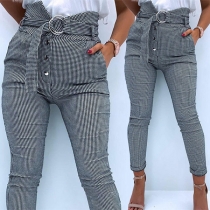 Fashion High Waist Slim Fit Plaid Pants with Waist Strap