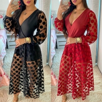 Sexy Dots Gauze Spliced Long Sleeve Deep V-neck High Waist Romper