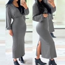 Fashion Long Sleeve Hooded Top + High Waist Slit Hem Skirt Two-piece Set