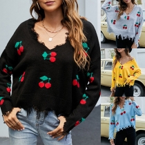Fresh Style Cherry Pattern Long Sleeve V-neck Frayed Knit Top Sweater