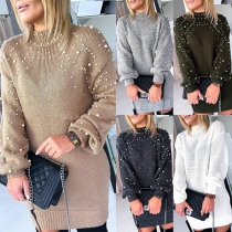 Simple Style Lantern Sleeve Mock Neck Solid Color Beaded Knit Dress