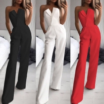 Sexy Strapless V-neck High Waist Solid Color Jumpsuit